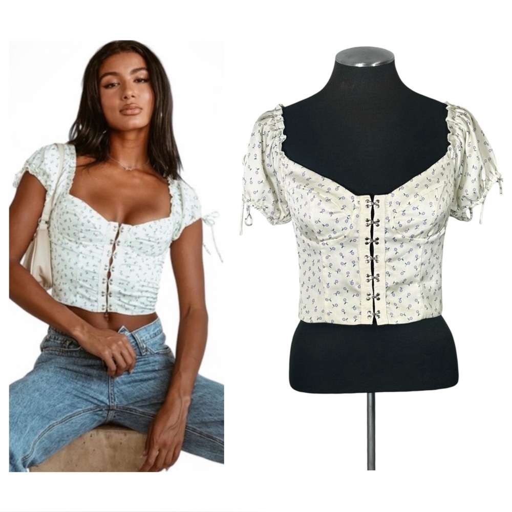 Princess Polly Cream Floral Lace-Up Puff Sleeve Crop Top